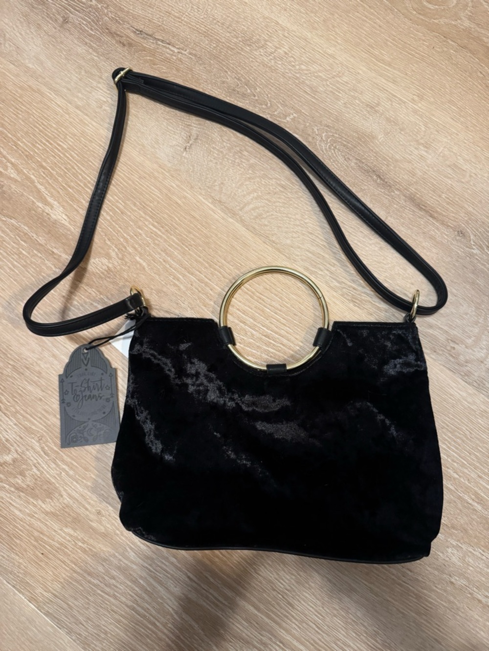 Black Velvet Shoulder Bag with Gold Ring Handles